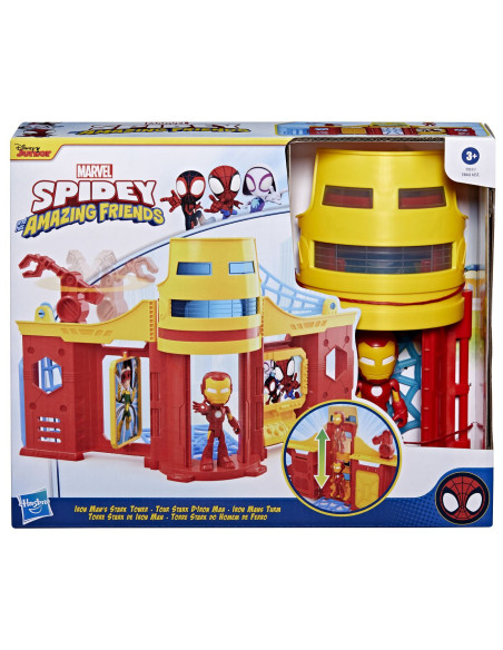 F8842_F9351,Spidey Si Prietenii Extraordinari Scena De Joaca Turnul Lui Iron Man Si Figurina Iron Man 10cm