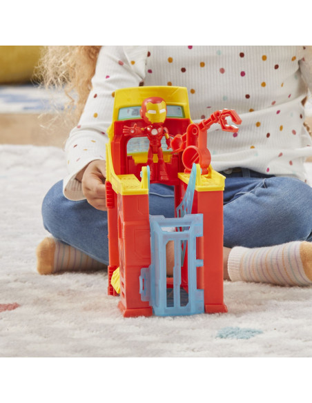 F8842_F9351,Spidey Si Prietenii Extraordinari Scena De Joaca Turnul Lui Iron Man Si Figurina Iron Man 10cm
