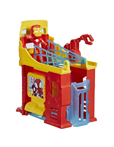 F8842_F9351,Spidey Si Prietenii Extraordinari Scena De Joaca Turnul Lui Iron Man Si Figurina Iron Man 10cm