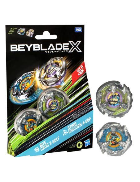 F9586_G0199,Beyblade X Pachet Duo Bite Croc 3-60lf Si Sting Unicorn 4-60p