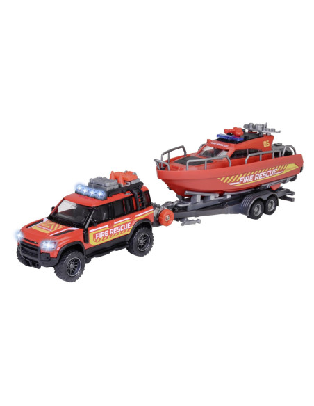 VV-213716001038,Majorette Set Masina De Pompieri Land Rover Si Barca De Salvare