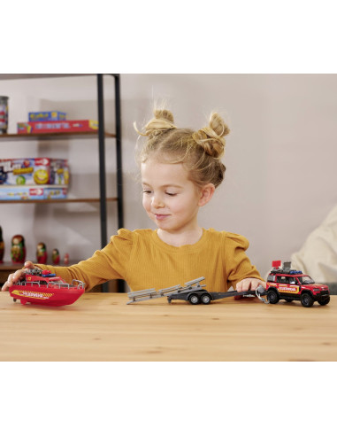 VV-213716001038,Majorette Set Masina De Pompieri Land Rover Si Barca De Salvare