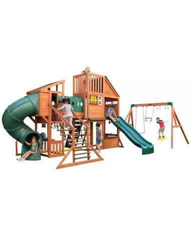 KKF29410E,Complex de joaca din lemn Odyssey cu 3 tobogane si leagane 2 in 1 Kidkraft