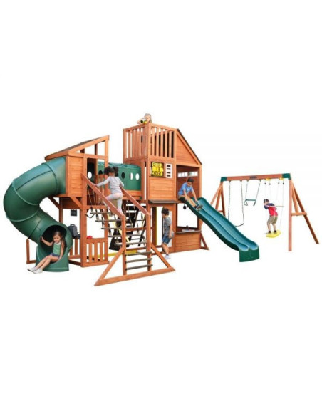 KKF29410E,Complex de joaca din lemn Odyssey cu 3 tobogane si leagane 2 in 1 Kidkraft