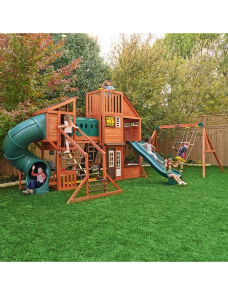 KKF29410E,Complex de joaca din lemn Odyssey cu 3 tobogane si leagane 2 in 1 Kidkraft
