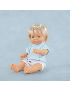 ML33201,Papusa baiat caucazian blond 38 cm cu tricoul bleu, corp parfumat, colectia My Friends and Me 2