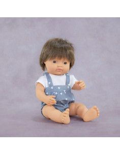 ML33209,Papusa baiat caucazian 38 cm, par saten inchis, in salopeta, corp parfumat, colectia My Friends and Me 2