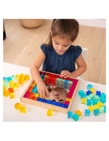 TIK-73548,Gem Cube, set 100 cuburi acrilice cu tava din lemn, TickiT