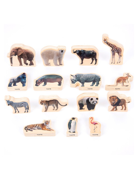 TIK-73572,Blocuri din lemn cu Animale salbatice, 15 piese, TickiT