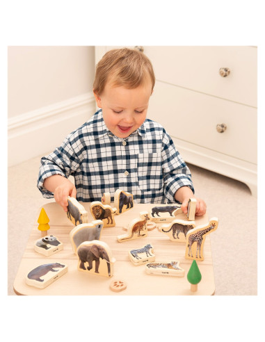 TIK-73572,Blocuri din lemn cu Animale salbatice, 15 piese, TickiT