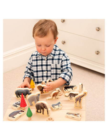 TIK-73572,Blocuri din lemn cu Animale salbatice, 15 piese, TickiT