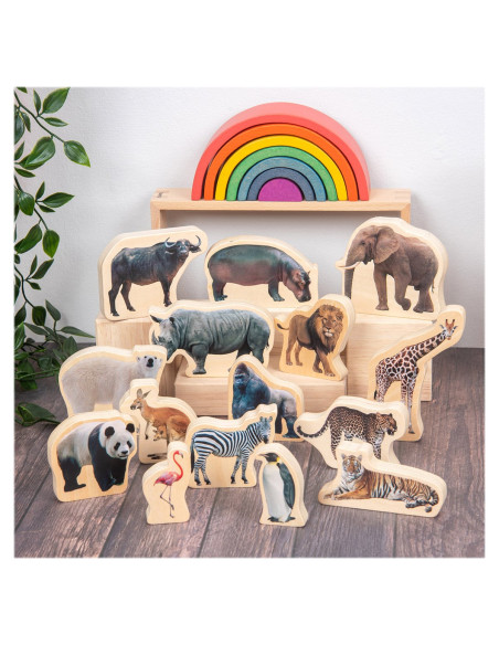 TIK-73572,Blocuri din lemn cu Animale salbatice, 15 piese, TickiT