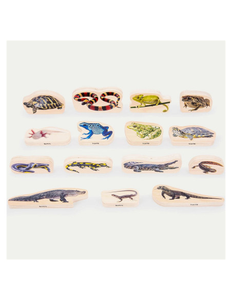 TIK-73570,Blocuri din lemn cu Reptile si Amfibieni, 15 piese, TickiT