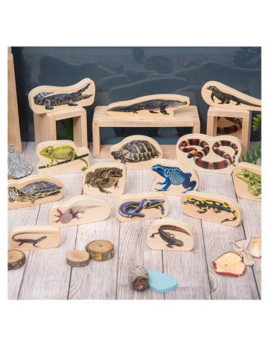 TIK-73570,Blocuri din lemn cu Reptile si Amfibieni, 15 piese, TickiT