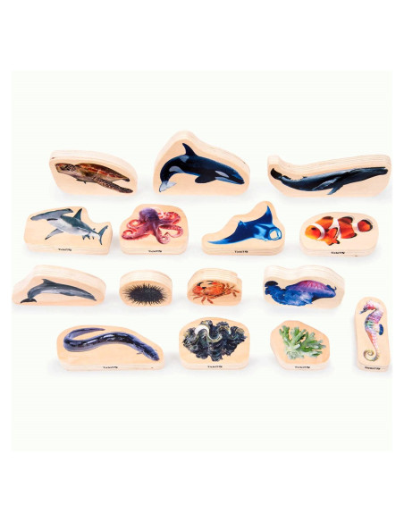 TIK-73566,Blocuri din lemn cu Animale marine, 15 piese, TickiT
