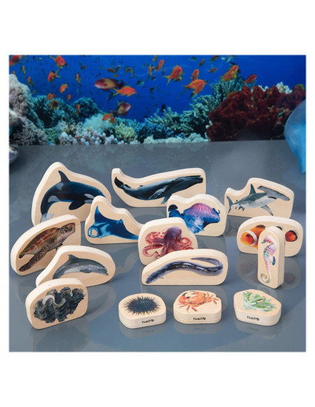 TIK-73566,Blocuri din lemn cu Animale marine, 15 piese, TickiT