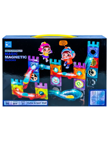 ROB-CJ-2001D,Set de constructie magnetic, Pista de masini, 56 piese