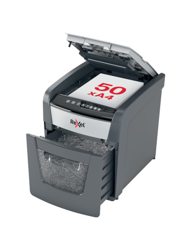 RX-2020050XEU,Distrugator documente automat REXEL OPTIMUM 50X, P4, cross-cut (confeti), 50 coli, cos 20l, negru-g