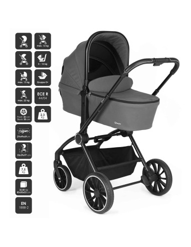 BB-BGO-77531,BabyGo - Carucior 3 in 1 Harmony Grey cu maner reglabil pe inaltime, cadru Black