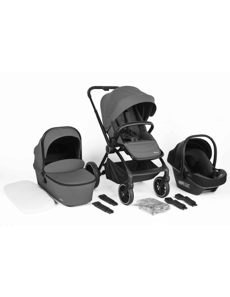 BB-BGO-77531,BabyGo - Carucior 3 in 1 Harmony Grey cu maner reglabil pe inaltime, cadru Black