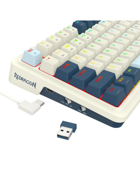 K686WB-RGB-PRO,Tastatura gaming mecanica Bluetooth cu si fara fir Redragon Eisa Pro alba cu albastru iluminare RGB
