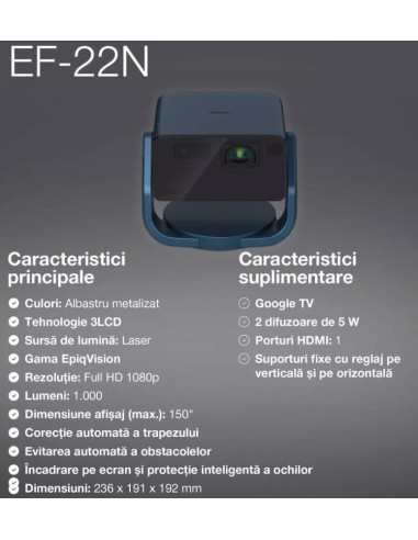 V11HB38440,Mini proiector laser inteligent Epson EF-22N cu suport, 1000 lumeni, contrast 5.000.000: 1