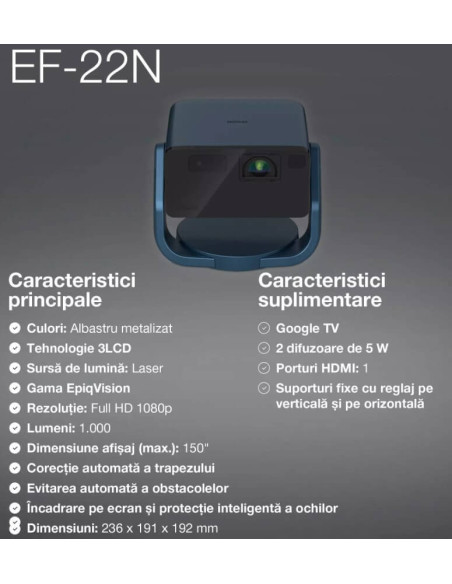 V11HB38440,Mini proiector laser inteligent Epson EF-22N cu suport, 1000 lumeni, contrast 5.000.000: 1