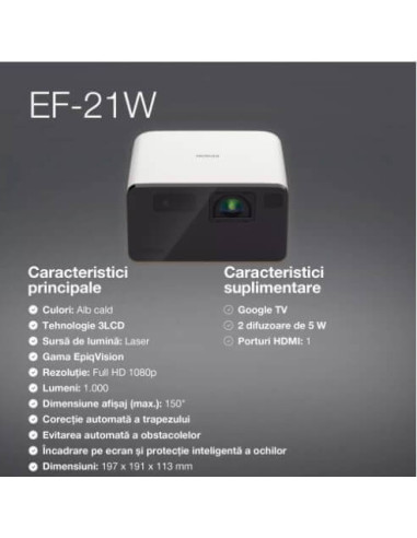 V11HB35040,Mini proiector laser inteligent Epson EF-21W, FHD 1920x1080, 1000 lumeni, contrast 5.000.000: 1
