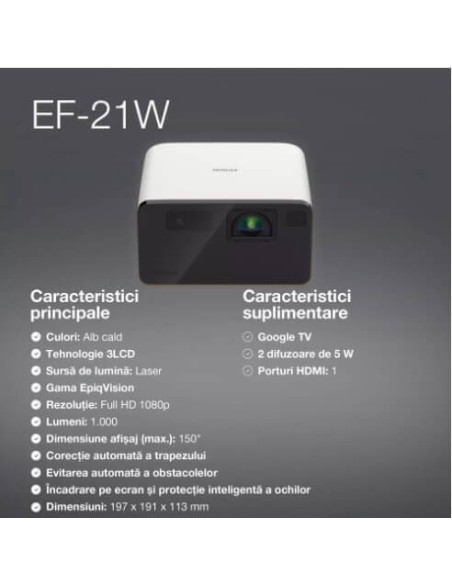 V11HB35040,Mini proiector laser inteligent Epson EF-21W, FHD 1920x1080, 1000 lumeni, contrast 5.000.000: 1
