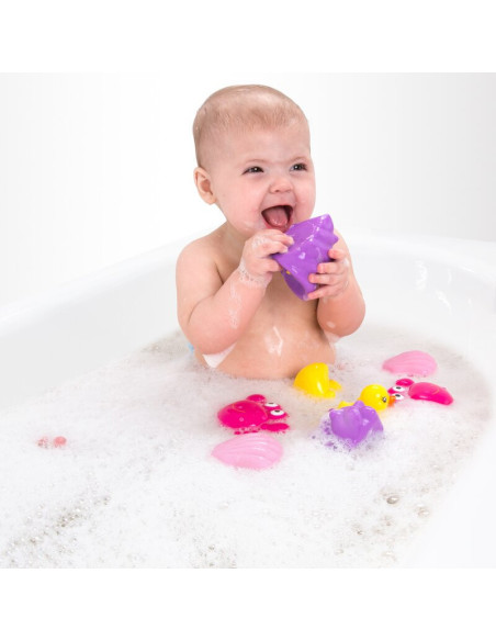 BN-857265,Set 7 animalute de baie, Fara gauri, Cu gentuta pentru transport, Fara BPA, Floating Sea Friends, Playgro, Pink