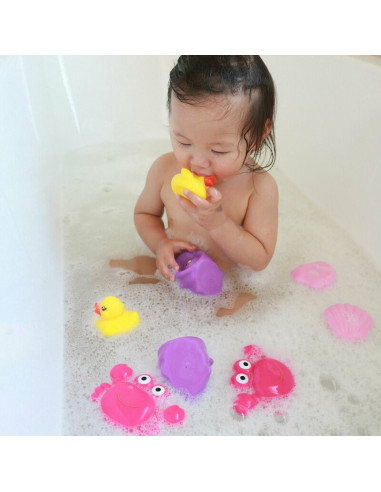BN-857265,Set 7 animalute de baie, Fara gauri, Cu gentuta pentru transport, Fara BPA, Floating Sea Friends, Playgro, Pink