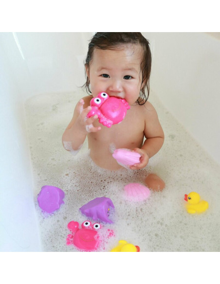 BN-857265,Set 7 animalute de baie, Fara gauri, Cu gentuta pentru transport, Fara BPA, Floating Sea Friends, Playgro, Pink