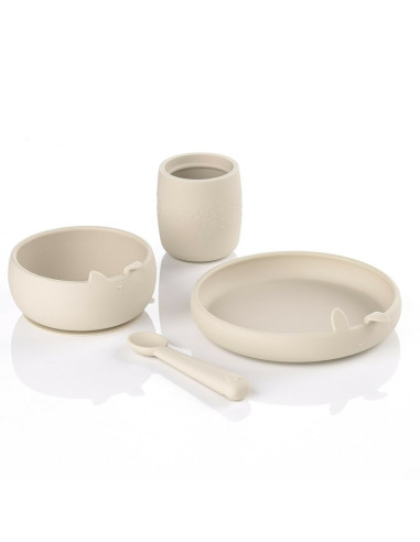 BN-8420421089507,Set complet de masa, Jane, Din silicon, Cu 4 piese, Farfurie, Bol, Lingurita si pahar, BPA free, Sand