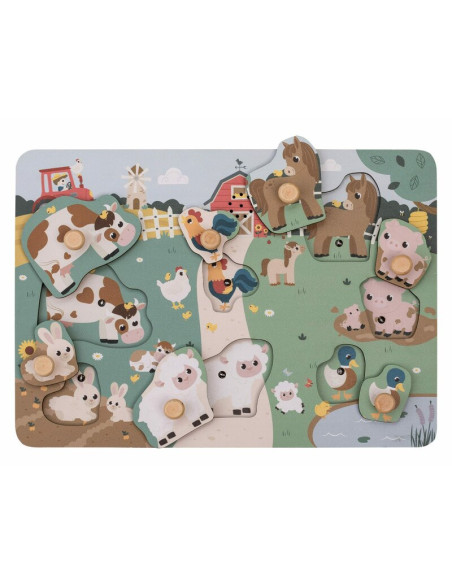 BN-85079,Puzzle din lemn, Free2Play, Cu animalute de la ferma, Cu sunete, Cu maner, Stimuleaza simturile, invatarea prin joc si 