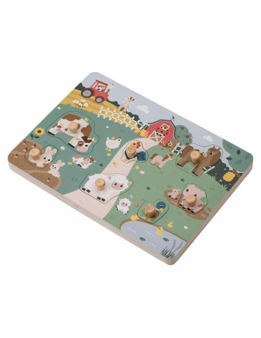 BN-85079,Puzzle din lemn, Free2Play, Cu animalute de la ferma, Cu sunete, Cu maner, Stimuleaza simturile, invatarea prin joc si 