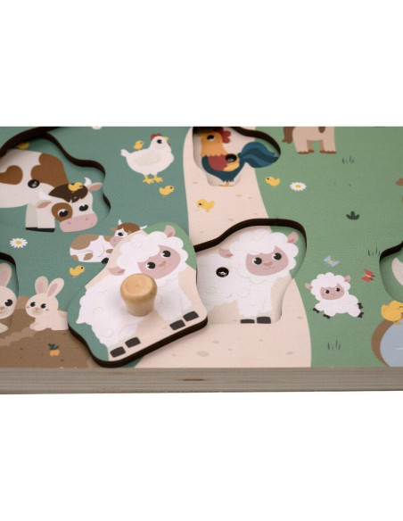 BN-85079,Puzzle din lemn, Free2Play, Cu animalute de la ferma, Cu sunete, Cu maner, Stimuleaza simturile, invatarea prin joc si 