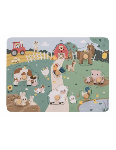 BN-85079,Puzzle din lemn, Free2Play, Cu animalute de la ferma, Cu sunete, Cu maner, Stimuleaza simturile, invatarea prin joc si 