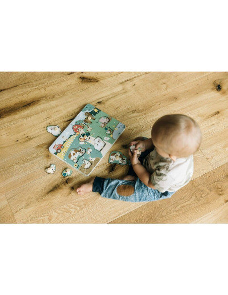 BN-85079,Puzzle din lemn, Free2Play, Cu animalute de la ferma, Cu sunete, Cu maner, Stimuleaza simturile, invatarea prin joc si 