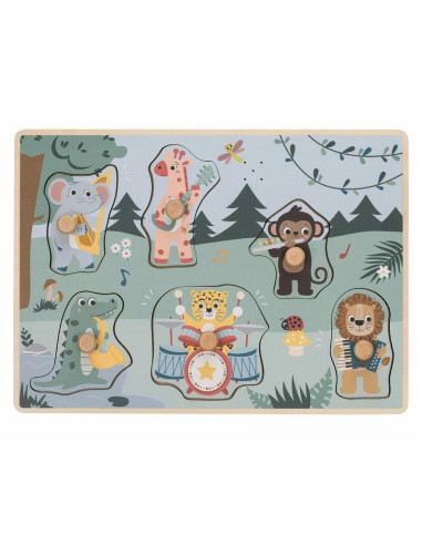 BN-85086,Puzzle muzical din lemn, Free2Play, Cu animalute din jungla, Cu sunete, Cu maner, Stimuleaza simturile, invatarea prin 