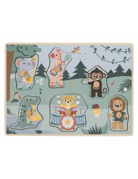 BN-85086,Puzzle muzical din lemn, Free2Play, Cu animalute din jungla, Cu sunete, Cu maner, Stimuleaza simturile, invatarea prin 