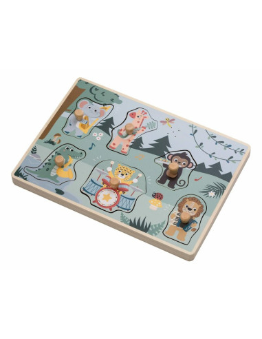 BN-85086,Puzzle muzical din lemn, Free2Play, Cu animalute din jungla, Cu sunete, Cu maner, Stimuleaza simturile, invatarea prin 