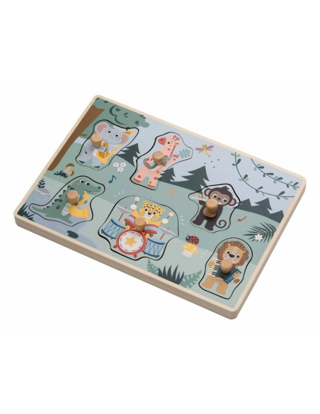 BN-85086,Puzzle muzical din lemn, Free2Play, Cu animalute din jungla, Cu sunete, Cu maner, Stimuleaza simturile, invatarea prin 