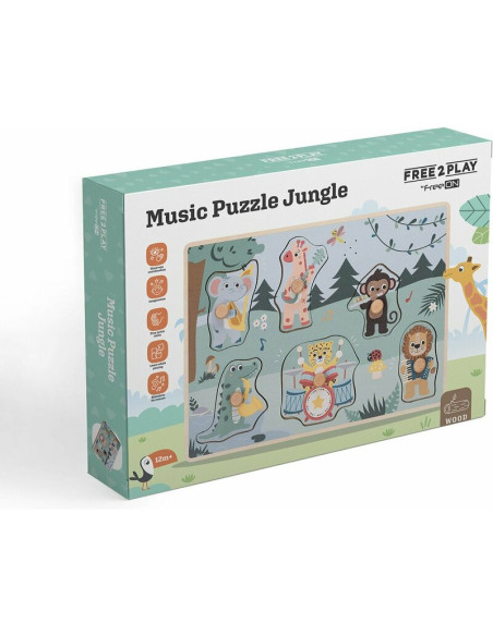 BN-85086,Puzzle muzical din lemn, Free2Play, Cu animalute din jungla, Cu sunete, Cu maner, Stimuleaza simturile, invatarea prin 