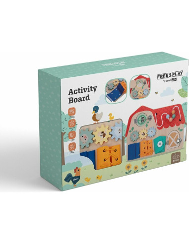 BN-85116,Tablita cu activitati, Free2Play, Din lemn, Cu elemente interactive, Dezvolta coordonarea mana-ochi, 40x30x6,5 cm, 18 l