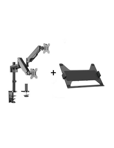 Suport monitor si laptop format din Suport 2 monitoare Gas Spring Dual Arm Blackmount MNT16-2 si Adaptor Laptop BM-NBH-6