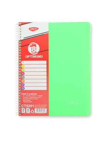 Caiet cu spira A4 Daco CT5201, 240 file, 8 subiecte, coperta plastic, Verde