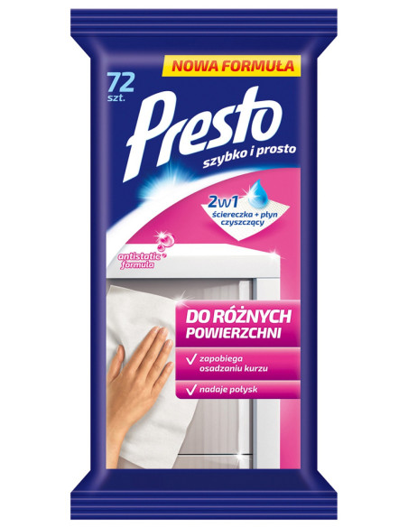 HR-011477,Servetele umede pentru suprafete din plastic sau laminate, 72 buc/pachet, Presto - efect antistatic
