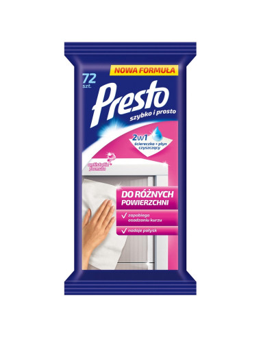 HR-011477,Servetele umede pentru suprafete din plastic sau laminate, 72 buc/pachet, Presto - efect antistatic