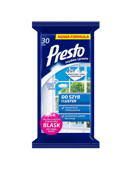 HR-011491,Servetele umede pentru geamuri si oglinzi, 30 buc/pachet, Presto - efect antistatic si antiaburire