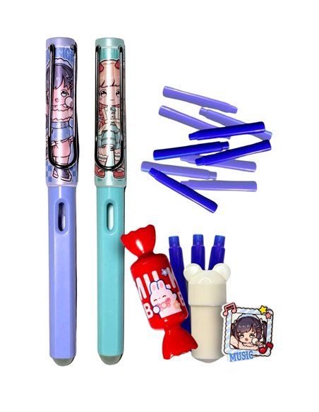Set 2 stilouri cu cerneala termosensibila + Rezerve, Sugar roll music, Mov/Albastru